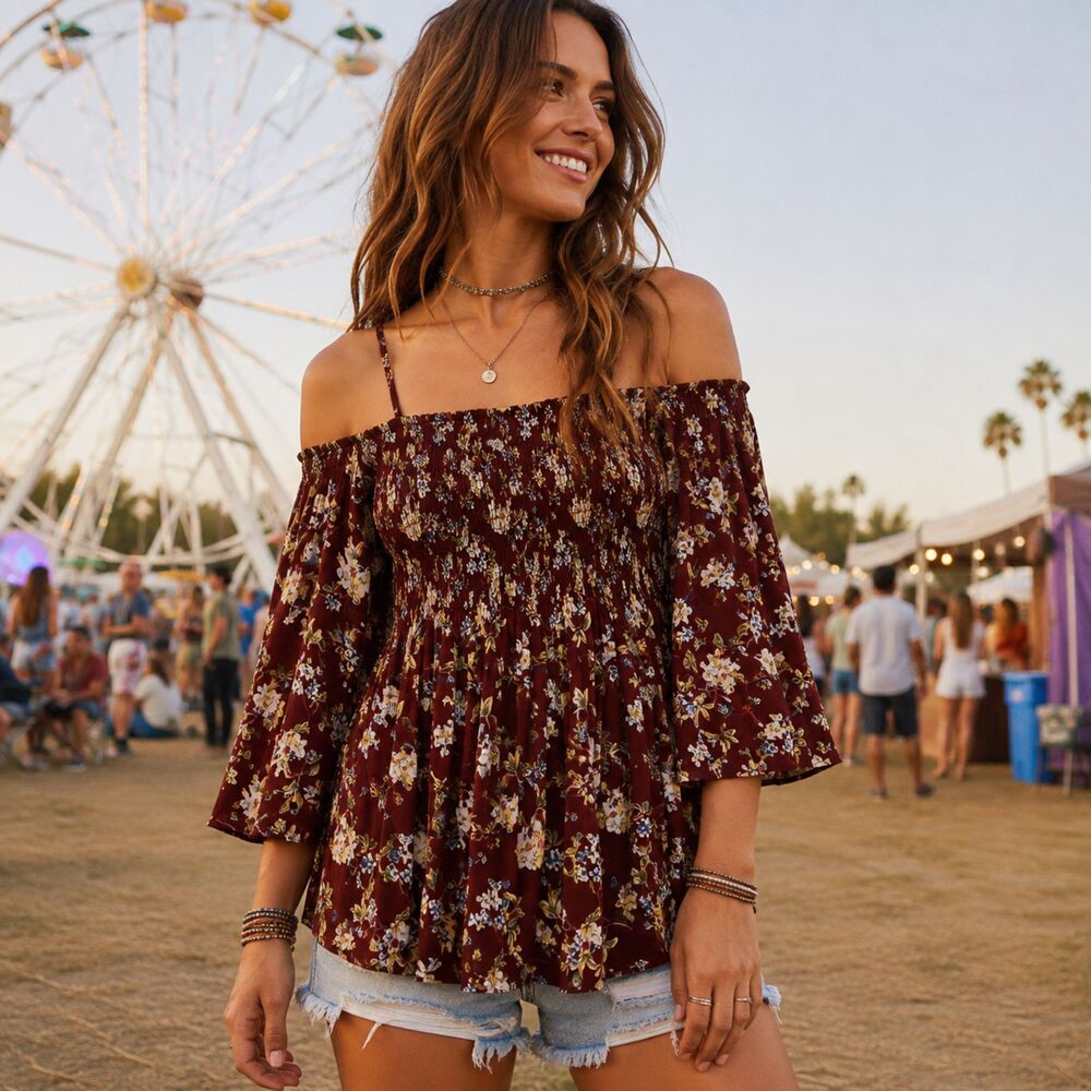 Floral Off Shoulder Smocked Boho Blouse 3/4 Bell Sleeve L Burgundy NWT Rayon